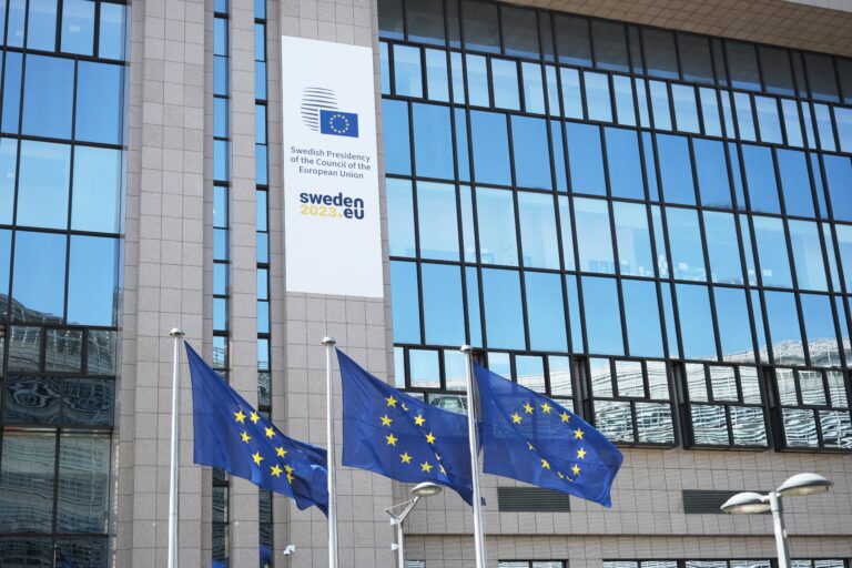 European flags in front of EU Council